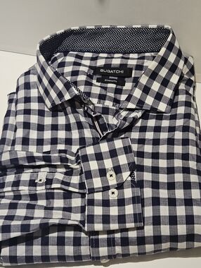 BUGATCHI Men's Shirt XXL Shaped Fit Navy White Check Print Button Up 2XL